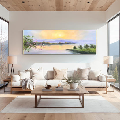 Original Sunrise Oil Painting: Long Narrow Forest River, Mountain Lake Oriental  #4