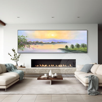 Original Sunrise Oil Painting: Long Narrow Forest River, Mountain Lake Oriental  #6