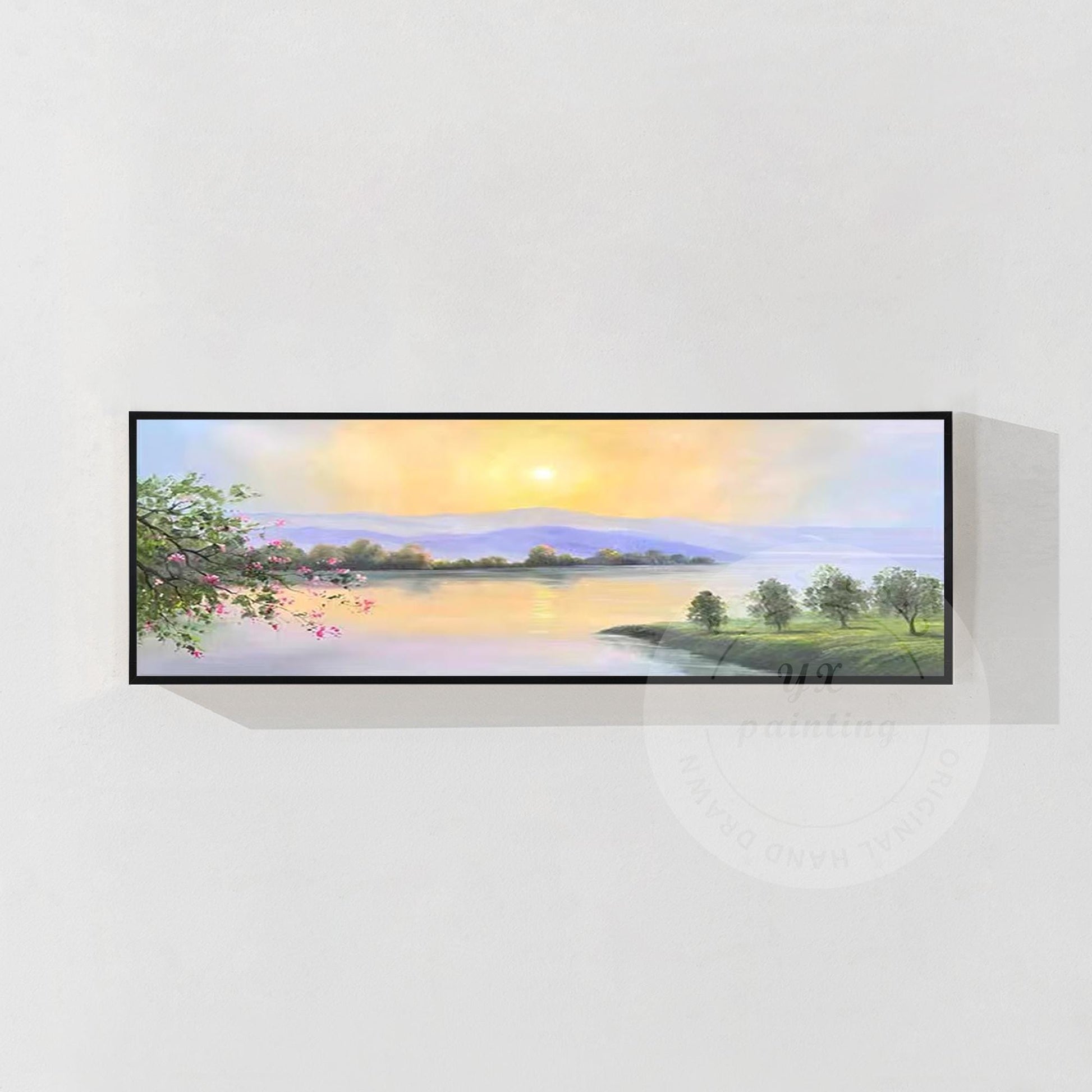 Original Sunrise Oil Painting: Long Narrow Forest River, Mountain Lake Oriental  #7