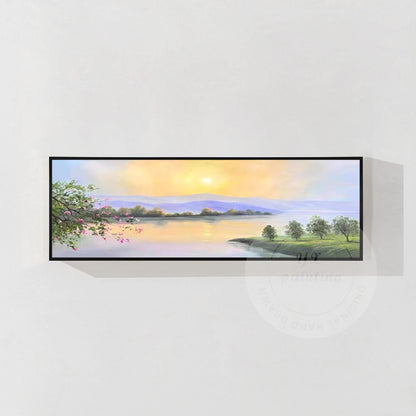 Original Sunrise Oil Painting: Long Narrow Forest River, Mountain Lake Oriental  #7