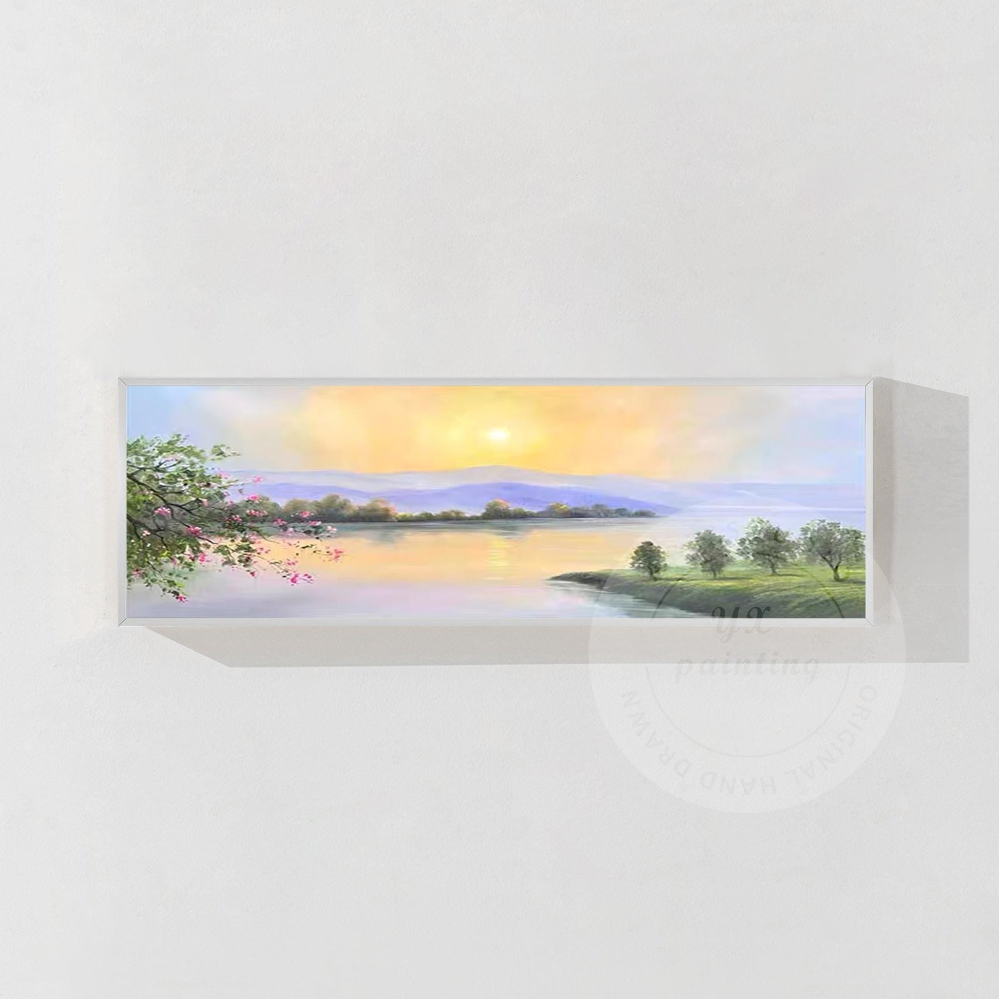 Original Sunrise Oil Painting: Long Narrow Forest River, Mountain Lake Oriental  #9