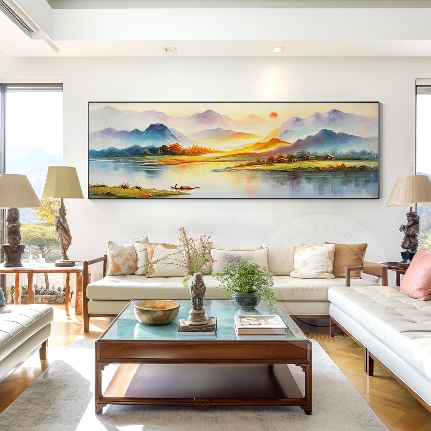 Original Sunrise River Landscape Painting: Long Horizontal Canvas Art #2