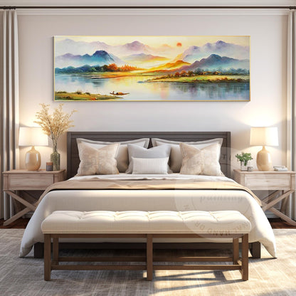 Original Sunrise River Landscape Painting: Long Horizontal Canvas Art #3