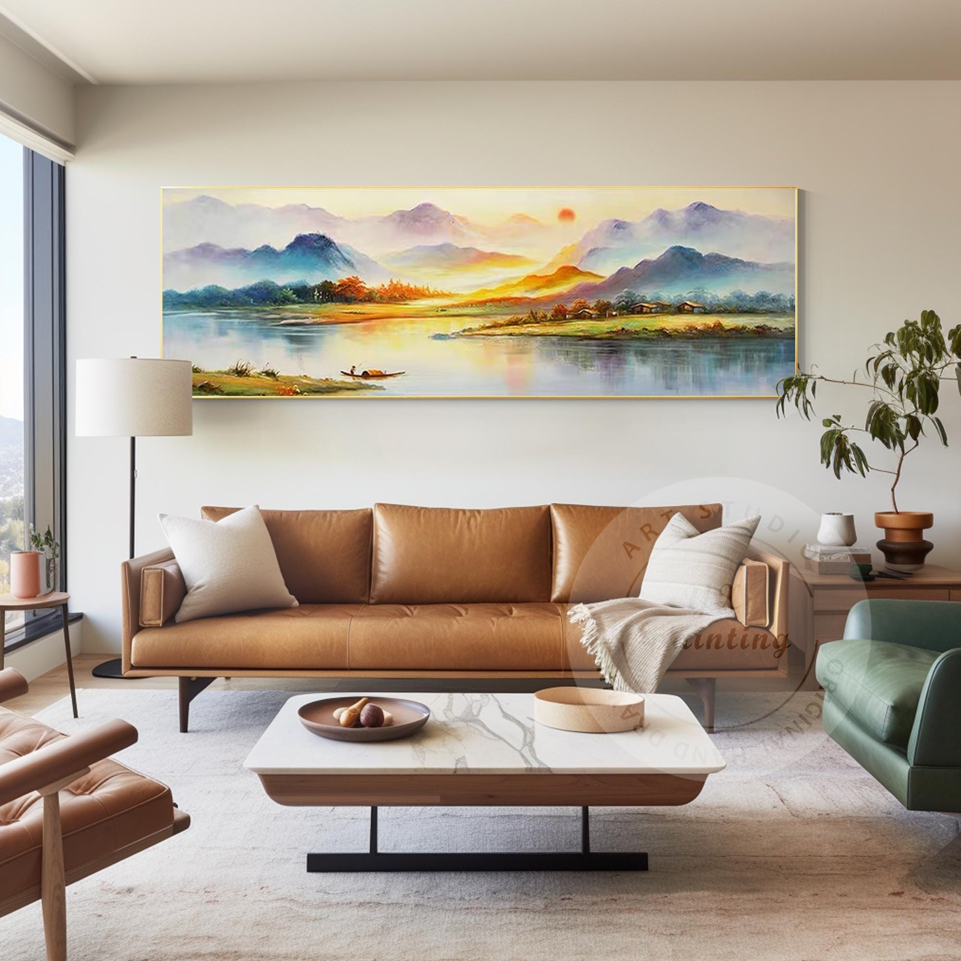 Original Sunrise River Landscape Painting: Long Horizontal Canvas Art #4