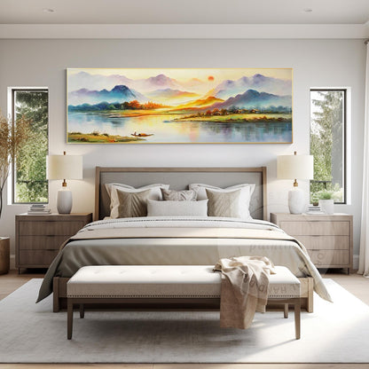 Original Sunrise River Landscape Painting: Long Horizontal Canvas Art #6