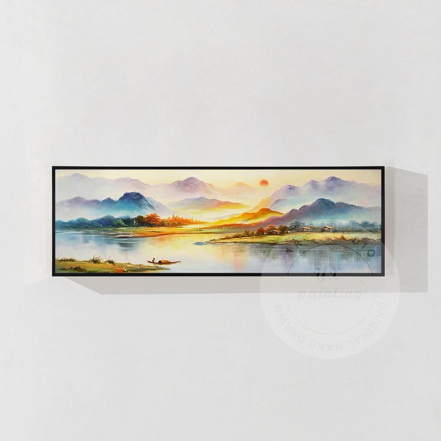 Original Sunrise River Landscape Painting: Long Horizontal Canvas Art #7