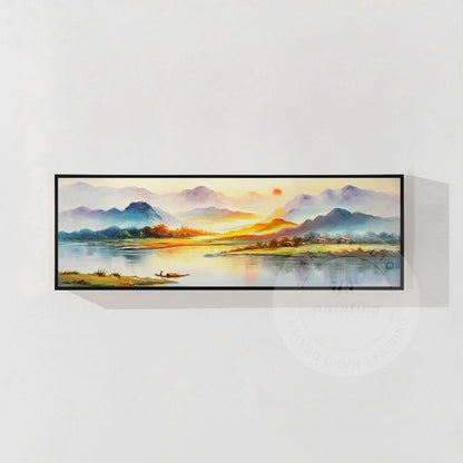 Original Sunrise River Landscape Painting: Long Horizontal Canvas Art #7