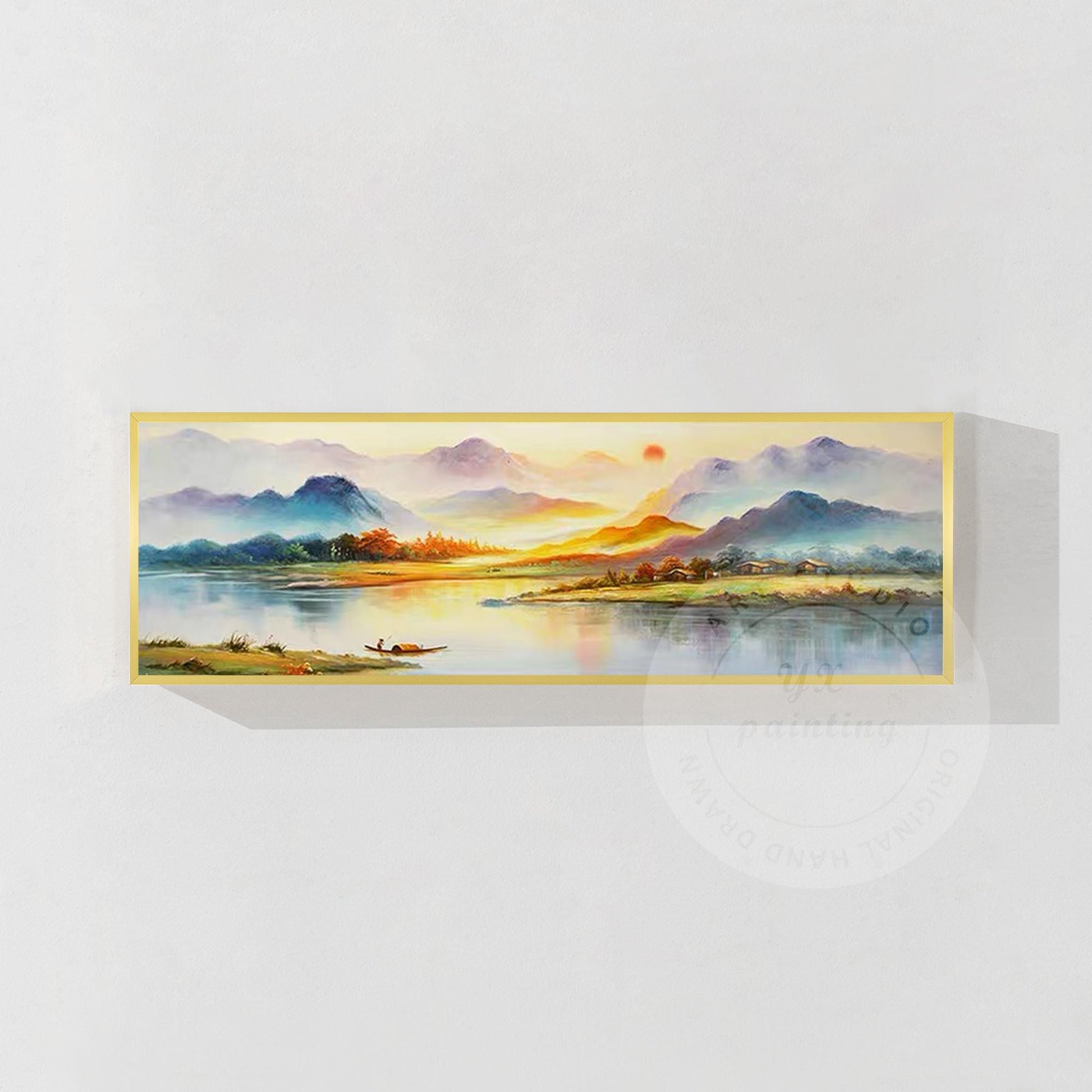 Original Sunrise River Landscape Painting: Long Horizontal Canvas Art #8