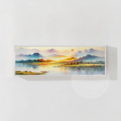 Original Sunrise River Landscape Painting: Long Horizontal Canvas Art #9