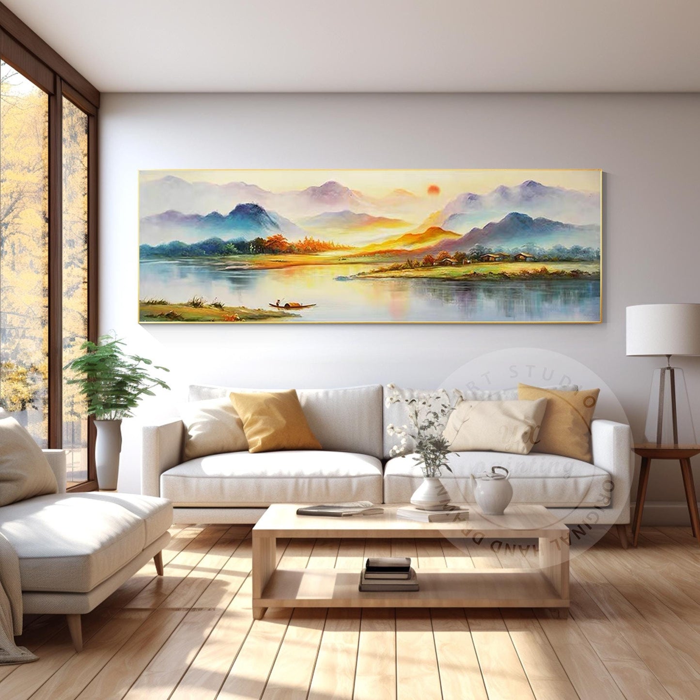 Original Sunrise River Landscape Painting: Long Horizontal Canvas Art #1