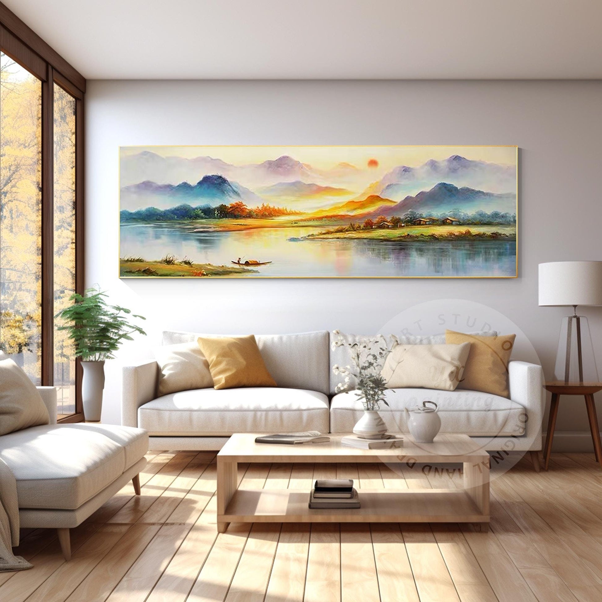 Original Sunrise River Landscape Painting: Long Horizontal Canvas Art #1