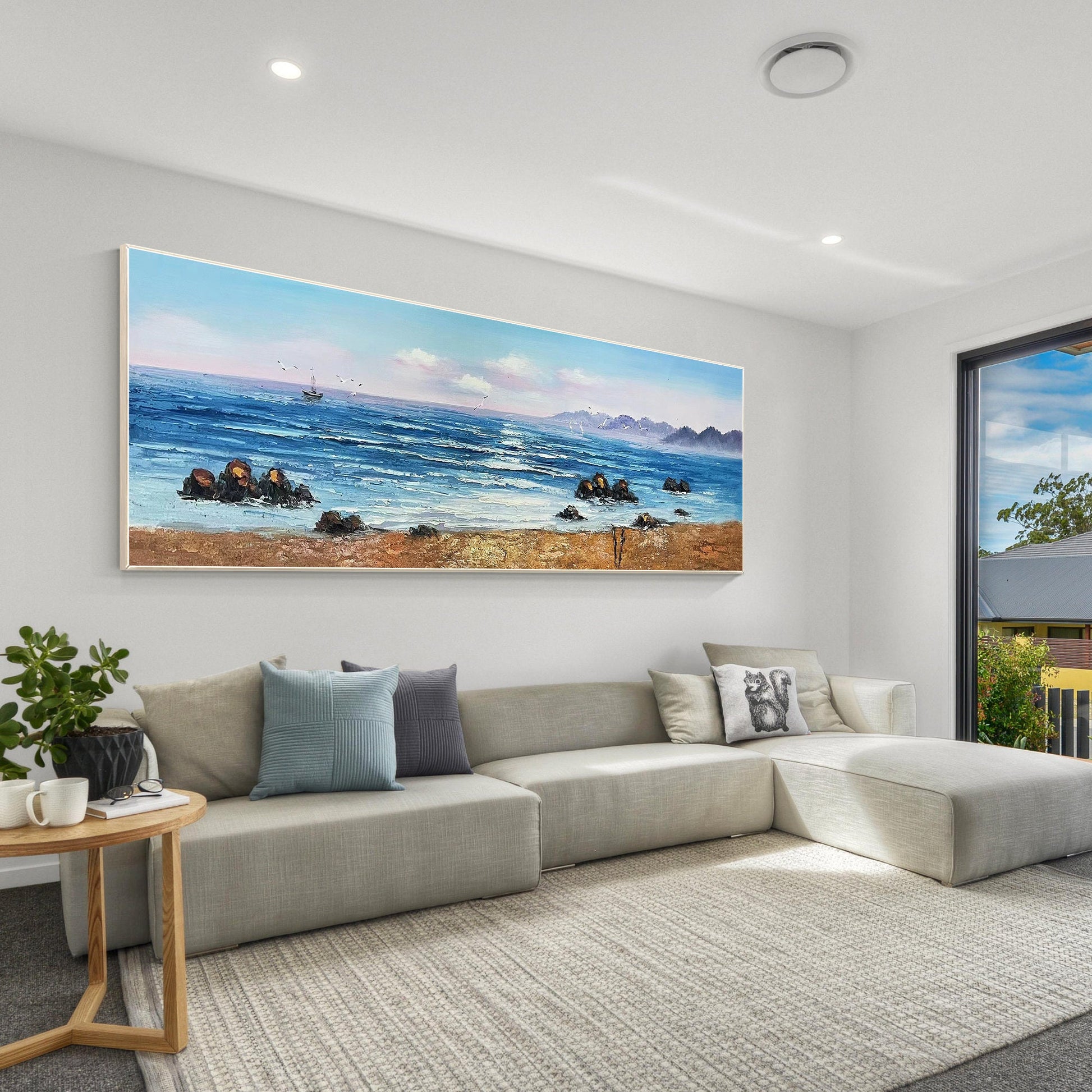 Original Sunrise Seascape Painting: Long Horizontal Canvas Wall Art #2