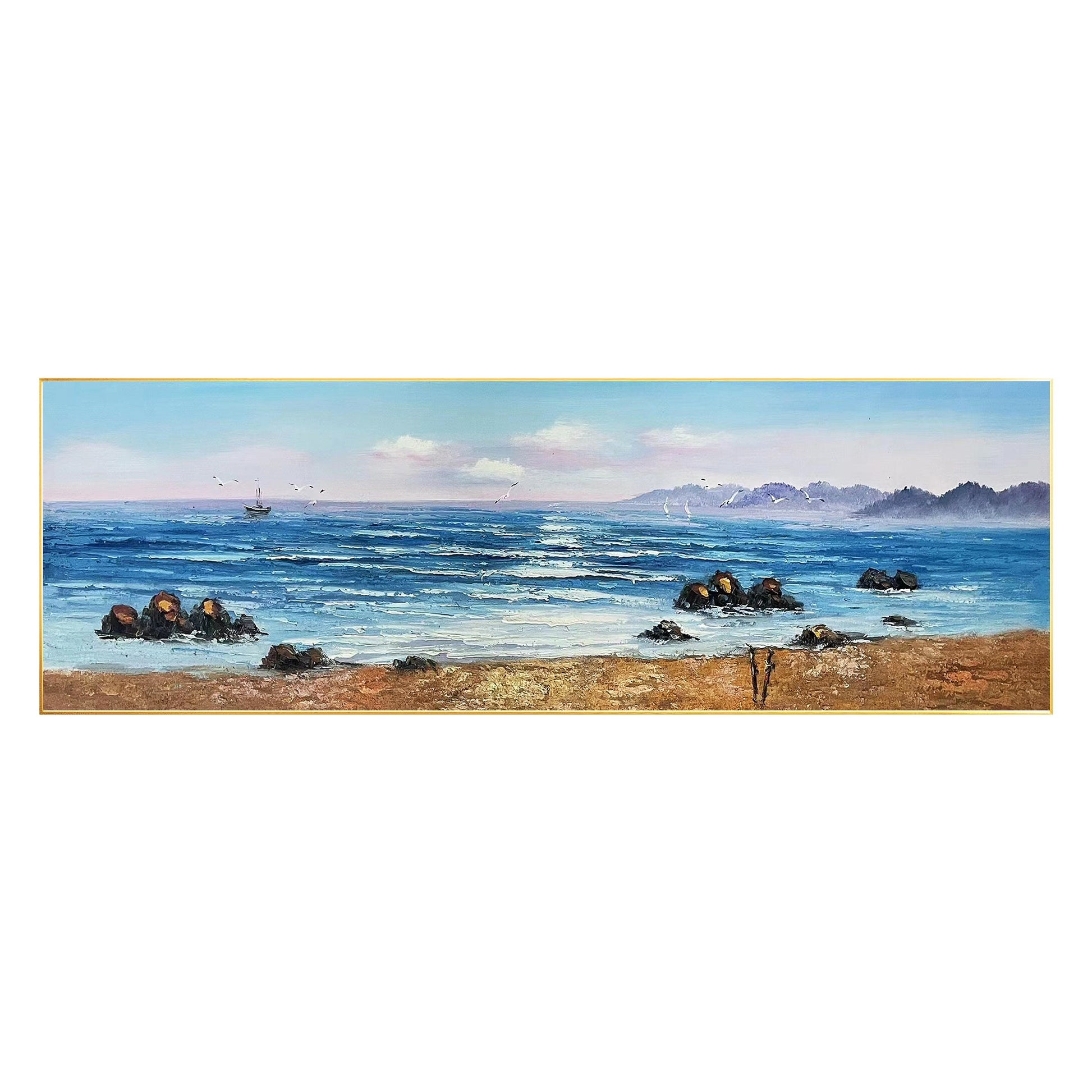Original Sunrise Seascape Painting: Long Horizontal Canvas Wall Art #7