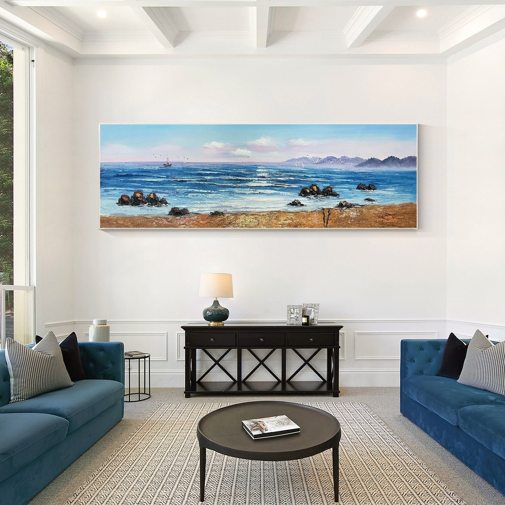 Original Sunrise Seascape Painting: Long Horizontal Canvas Wall Art #1