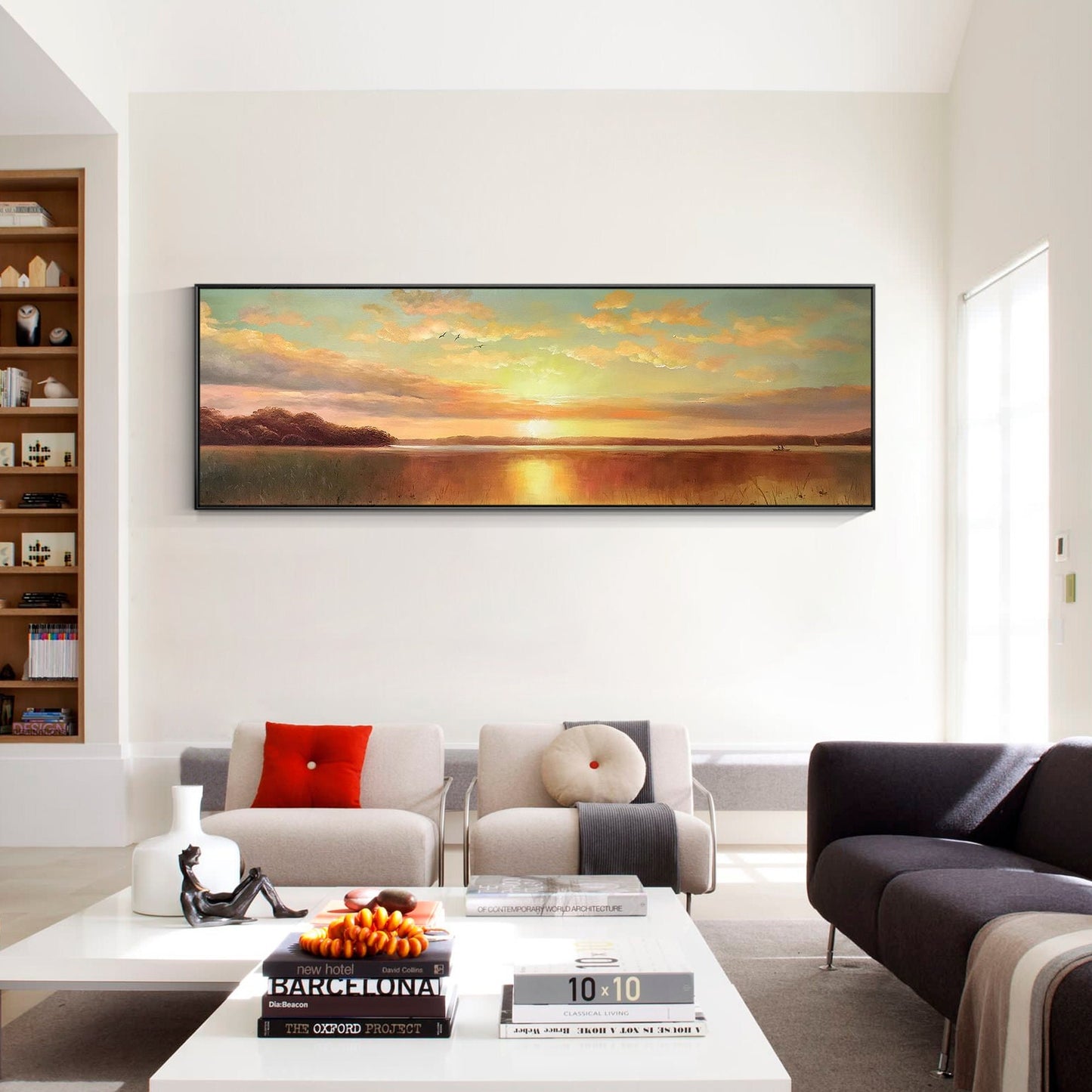 Original Sunrise Sunset Landscape Painting: Long Horizontal Canvas Wall Art #2
