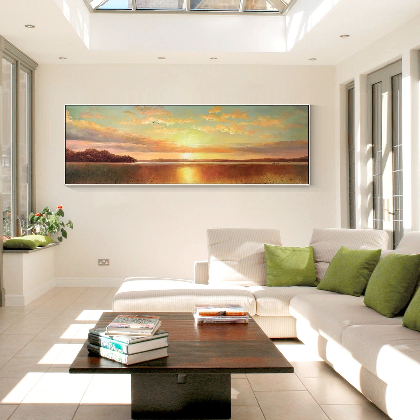 Original Sunrise Sunset Landscape Painting: Long Horizontal Canvas Wall Art #4