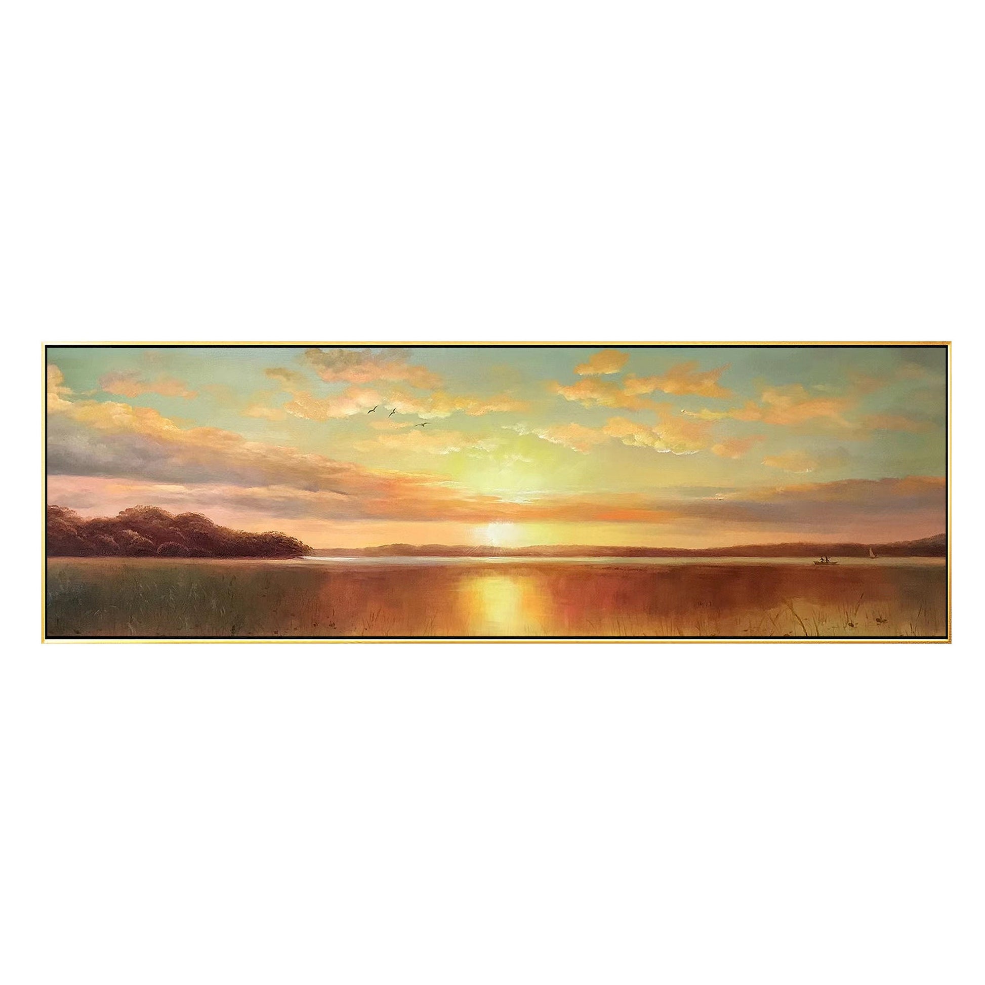 Original Sunrise Sunset Landscape Painting: Long Horizontal Canvas Wall Art #8