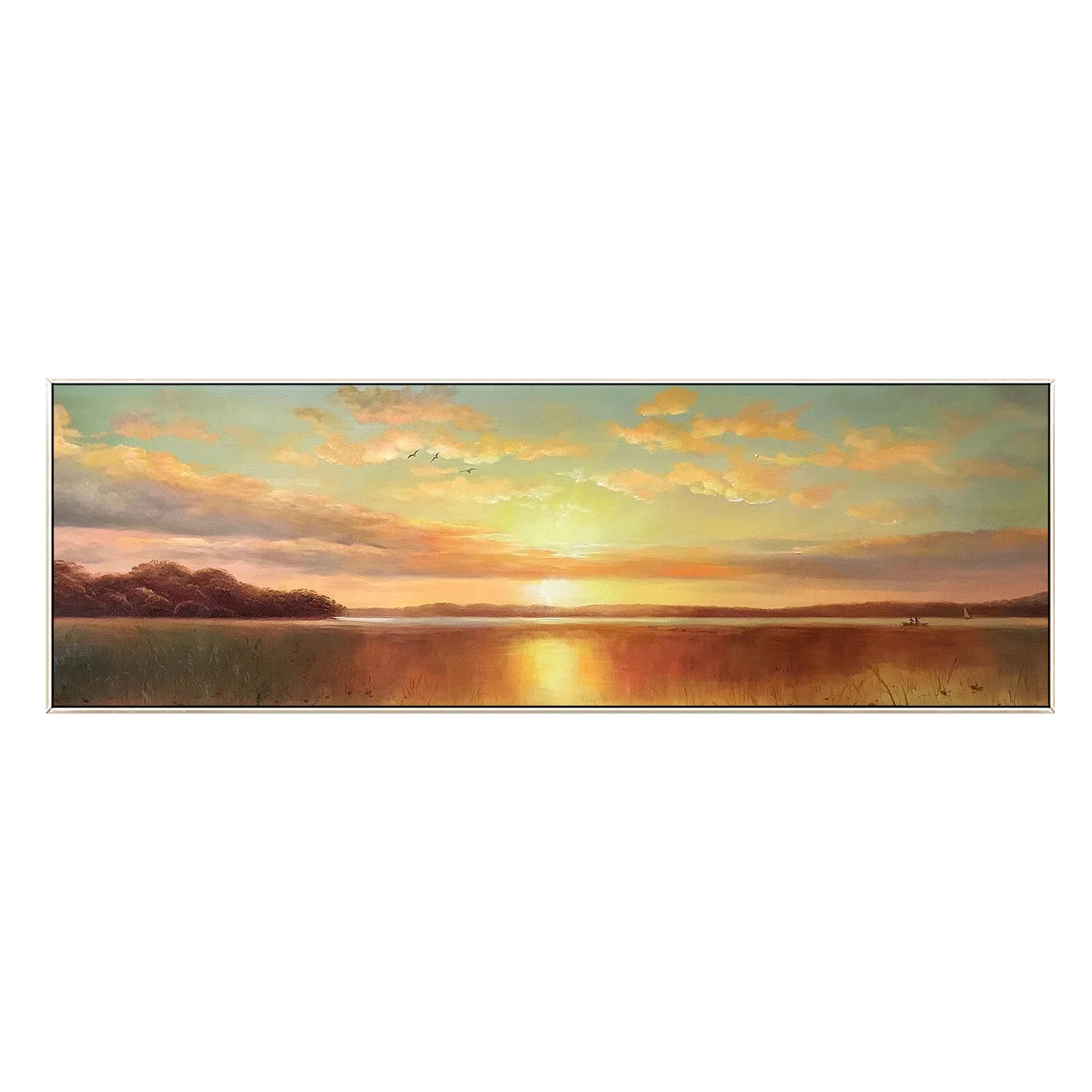 Original Sunrise Sunset Landscape Painting: Long Horizontal Canvas Wall Art #9
