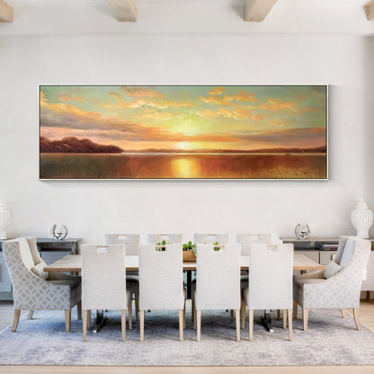 Original Sunrise Sunset Landscape Painting: Long Horizontal Canvas Wall Art #1