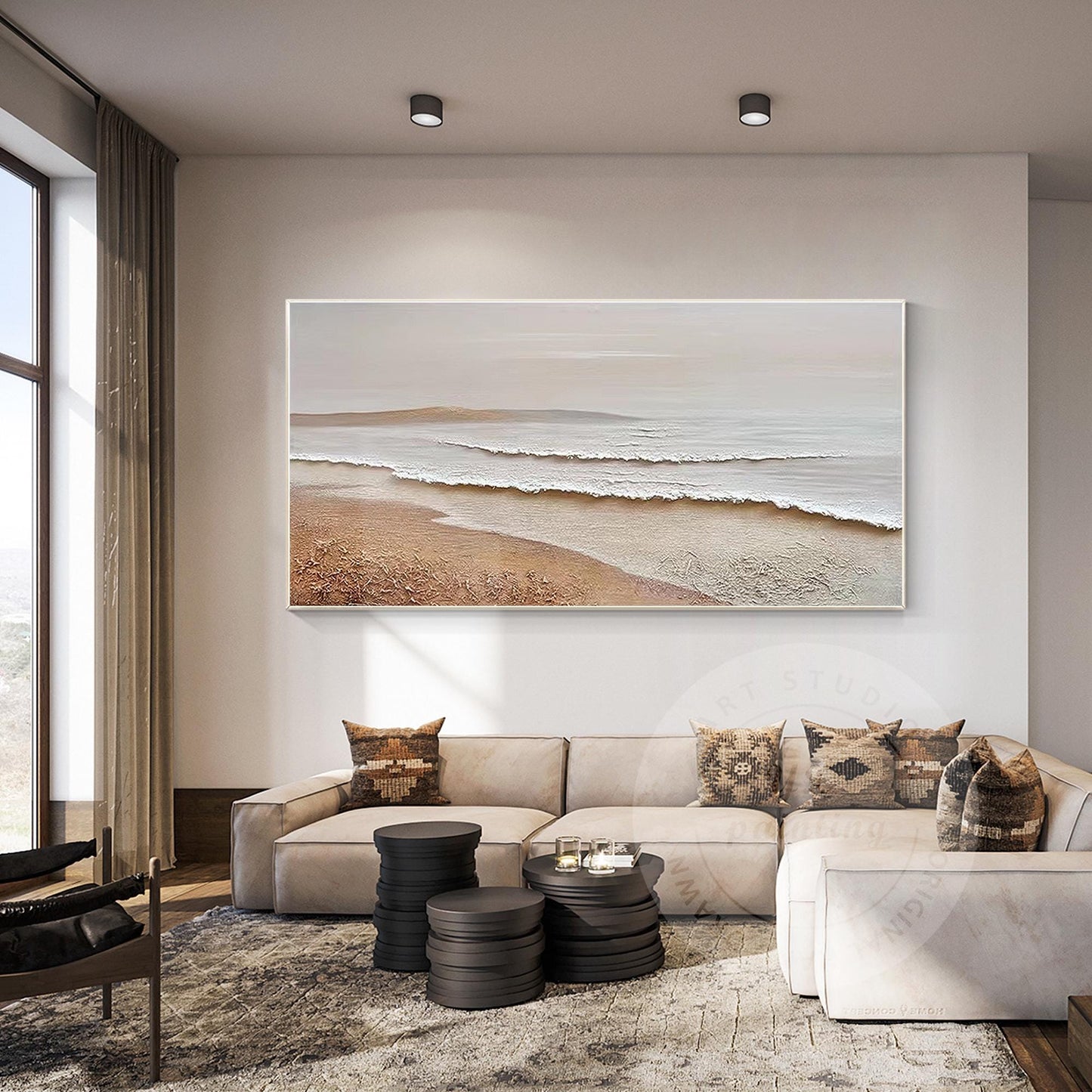 Original Textured Beach Seascape Painting: Light Brown Abstract Canvas Art #2