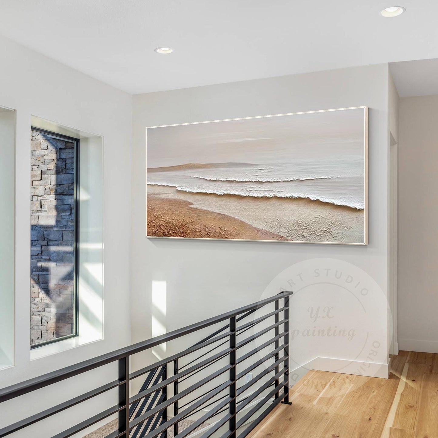 Original Textured Beach Seascape Painting: Light Brown Abstract Canvas Art #4