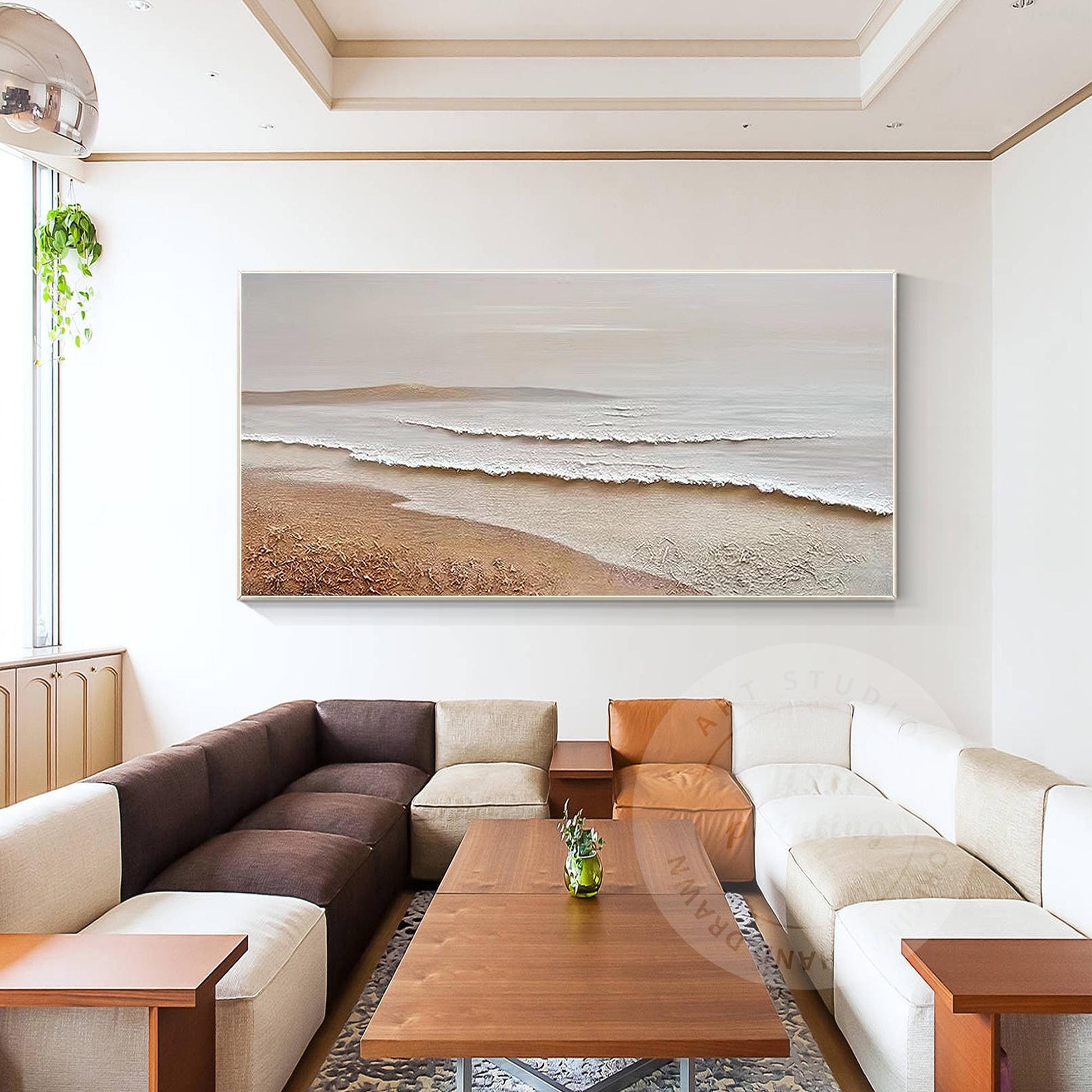 Original Textured Beach Seascape Painting: Light Brown Abstract Canvas Art #1