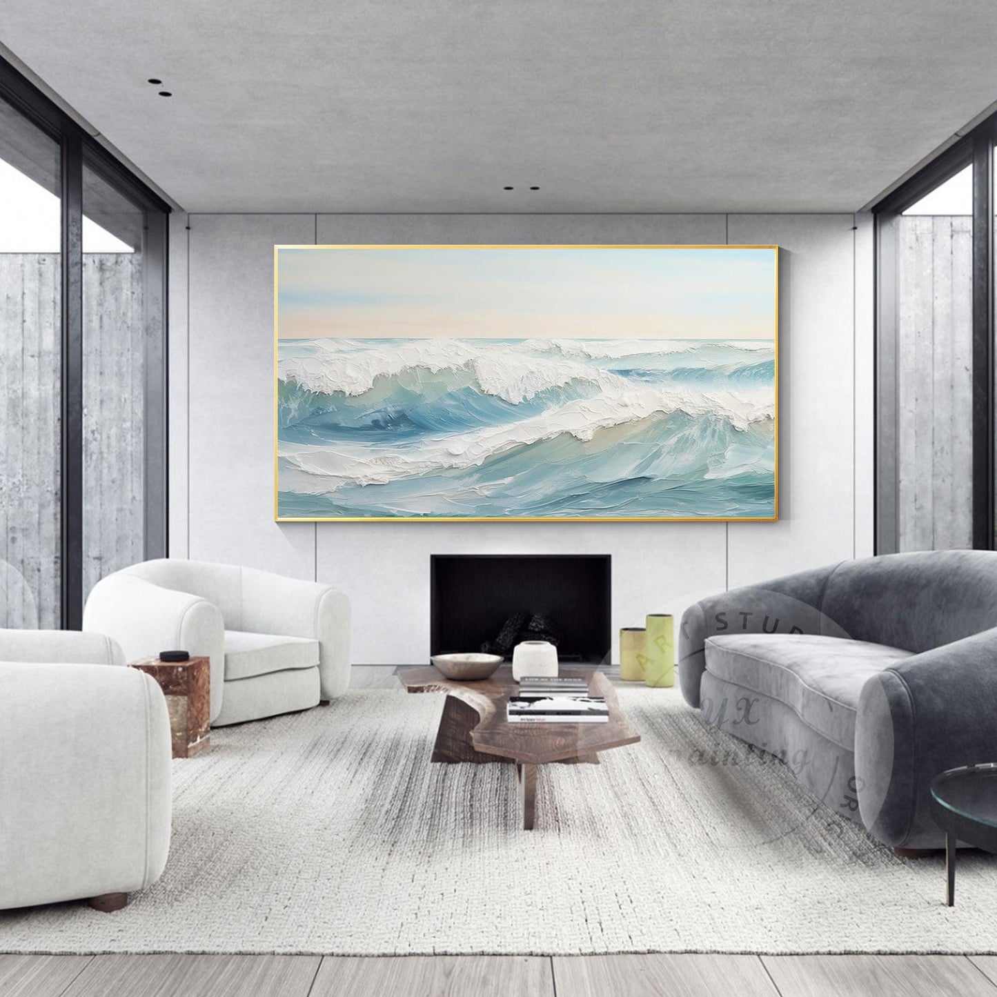 Original Textured Ocean Waves Painting: Framed Coastal Nature Art #3