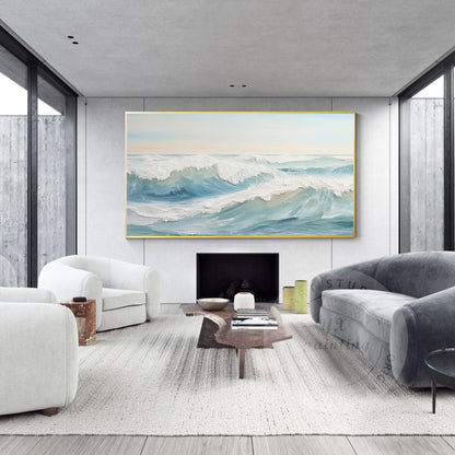 Original Textured Ocean Waves Painting: Framed Coastal Nature Art #3