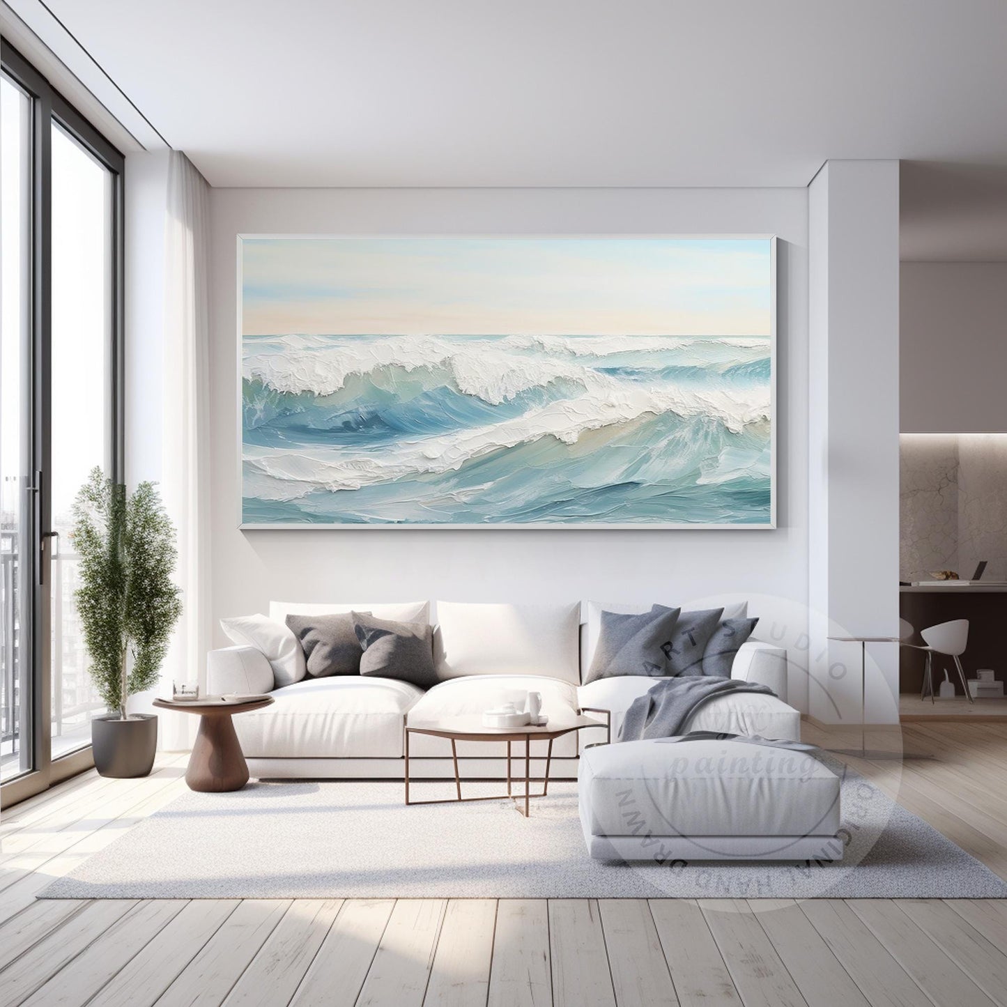 Original Textured Ocean Waves Painting: Framed Coastal Nature Art #4