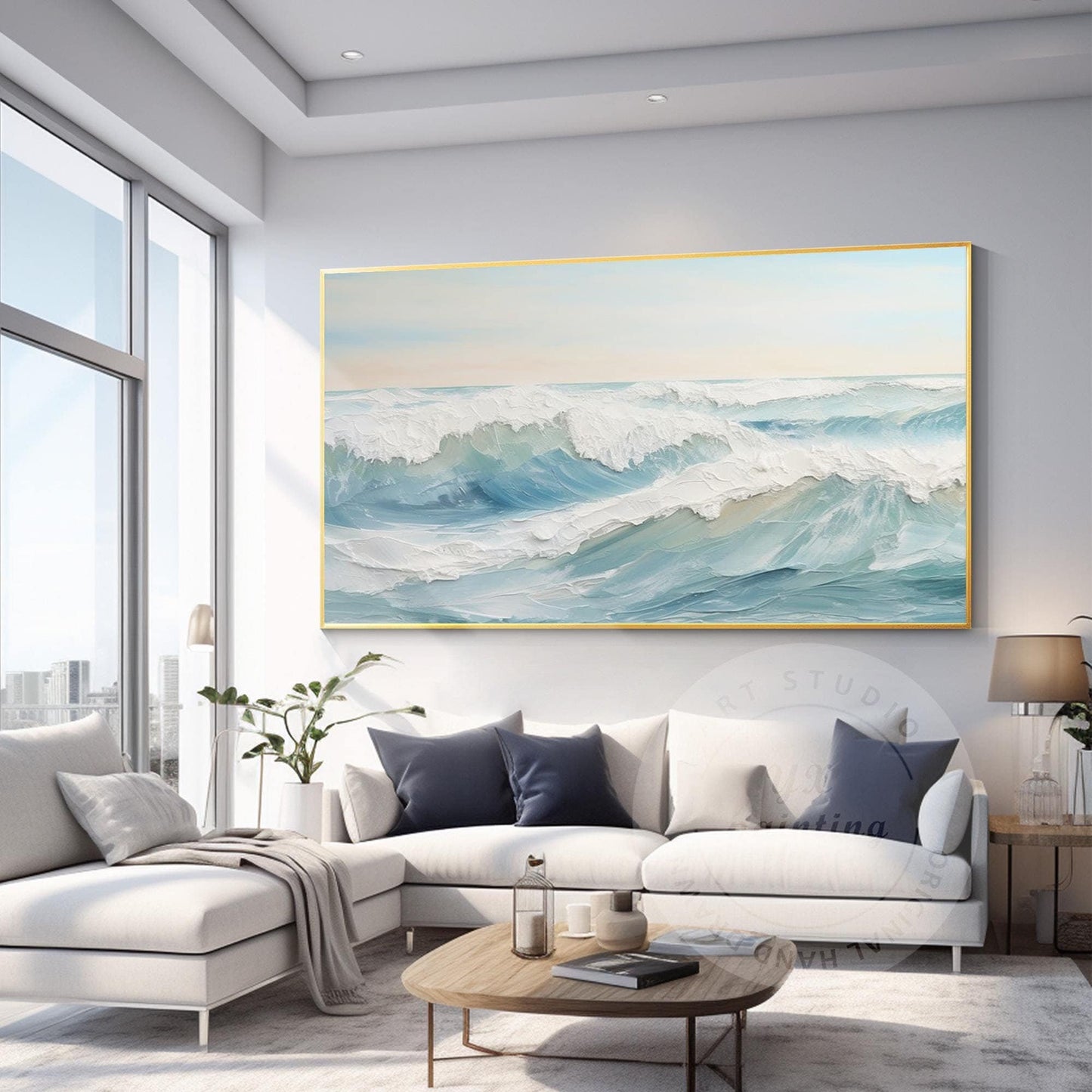 Original Textured Ocean Waves Painting: Framed Coastal Nature Art #1