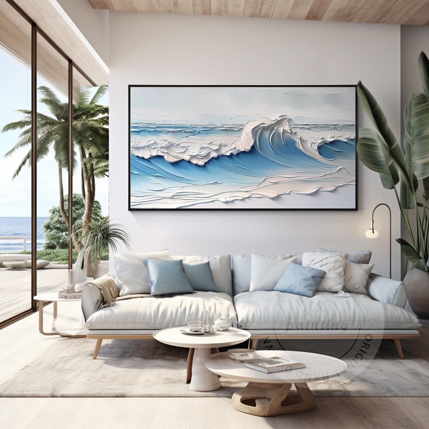 Original Textured Whitecaps Painting: Hand-Drawn Ocean Waves on Canvas #2