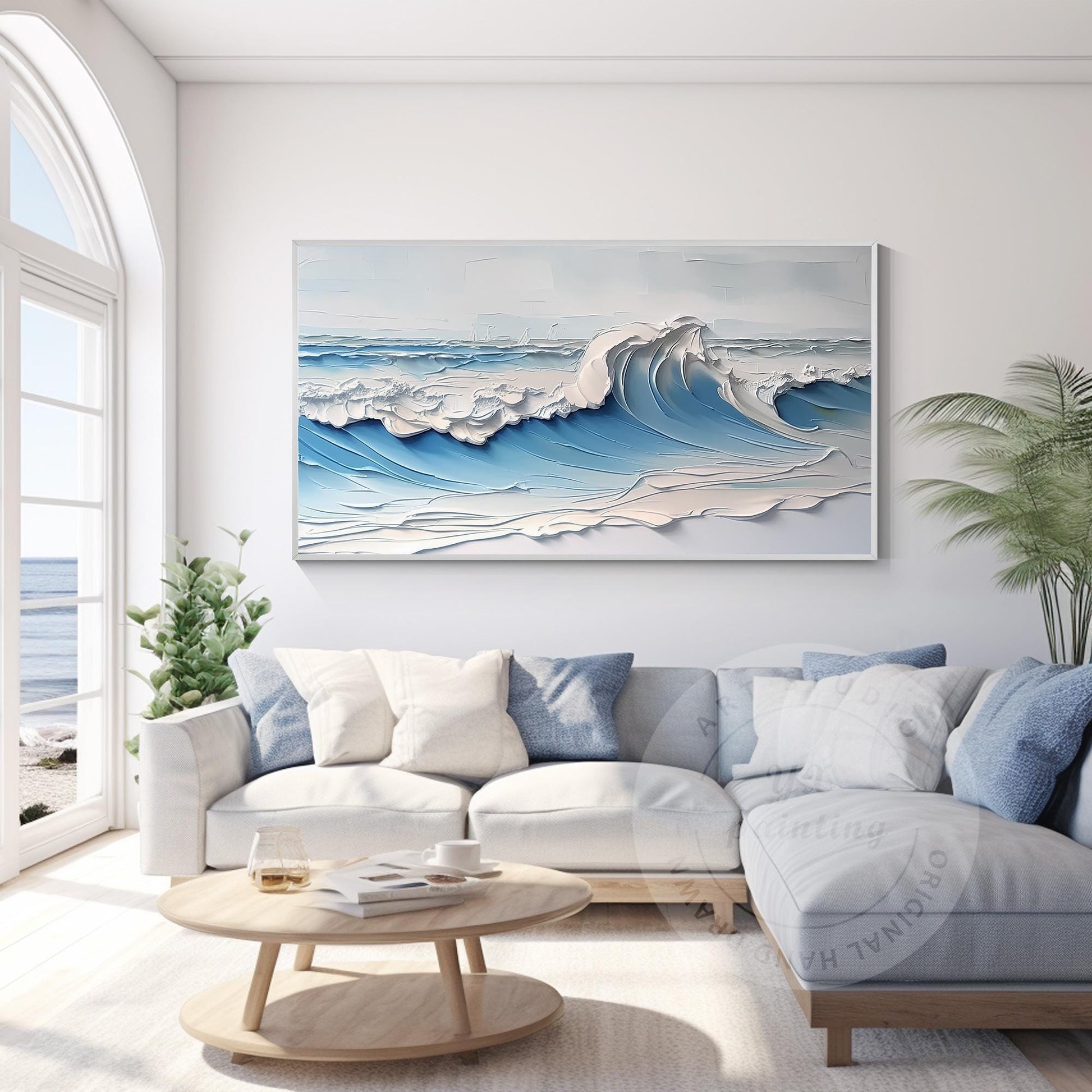 Original Textured Whitecaps Painting: Hand-Drawn Ocean Waves on Canvas #3