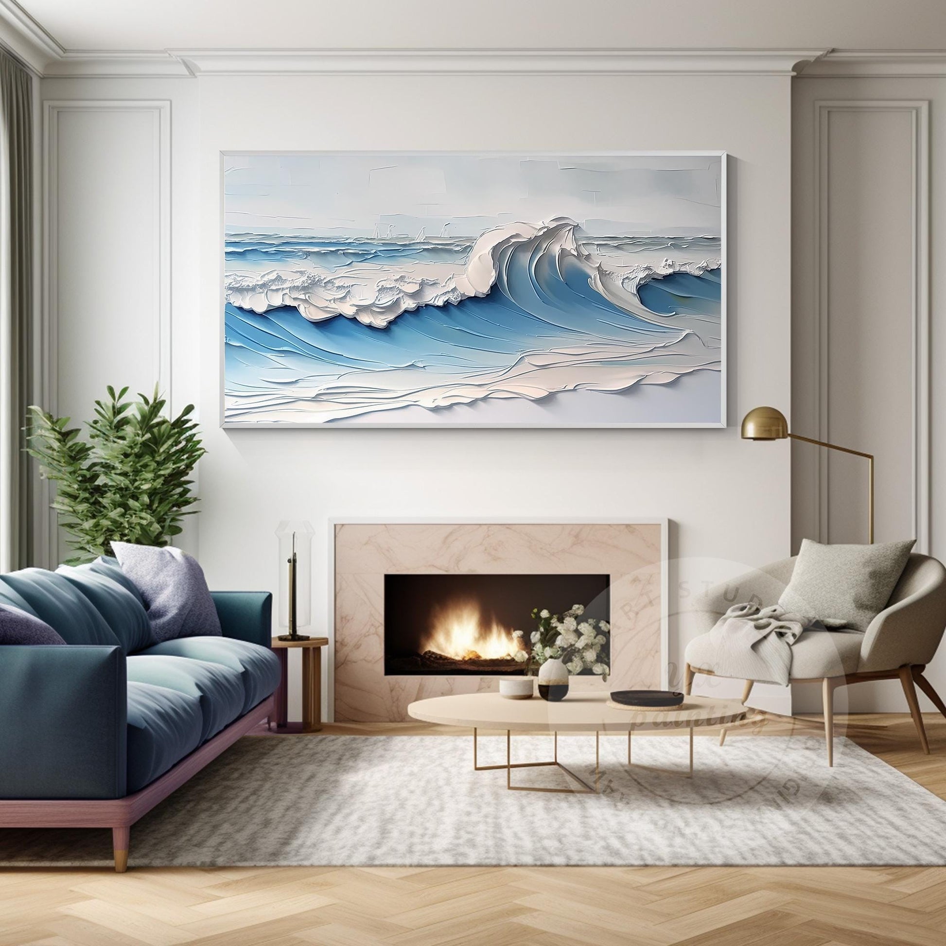 Original Textured Whitecaps Painting: Hand-Drawn Ocean Waves on Canvas #4