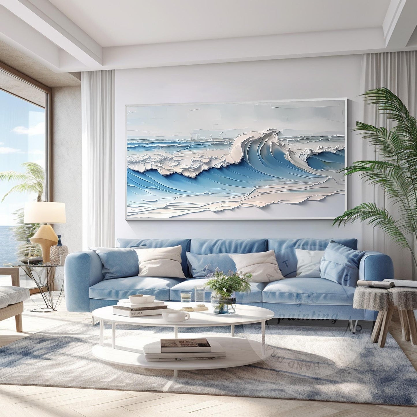 Original Textured Whitecaps Painting: Hand-Drawn Ocean Waves on Canvas #1