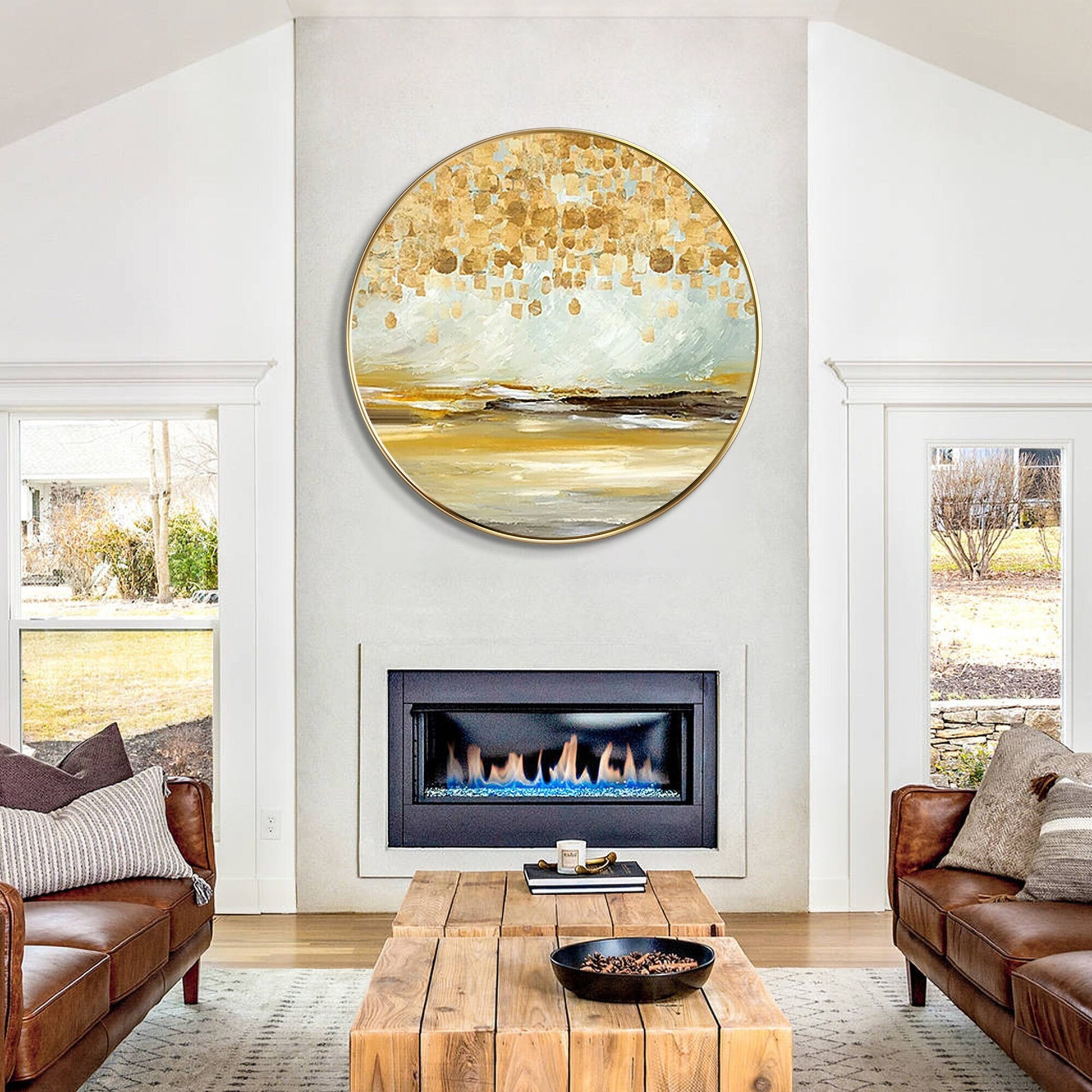 Origineel abstract landschap acrylschilderij op canvas rond ingelijst schilderij #11