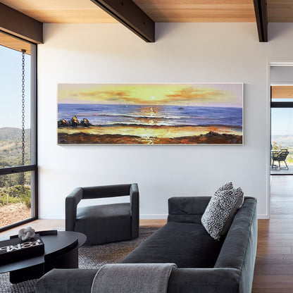 Origineel schilderij zonsopgang zeegezicht: lange horizontale canvas muurkunst #11