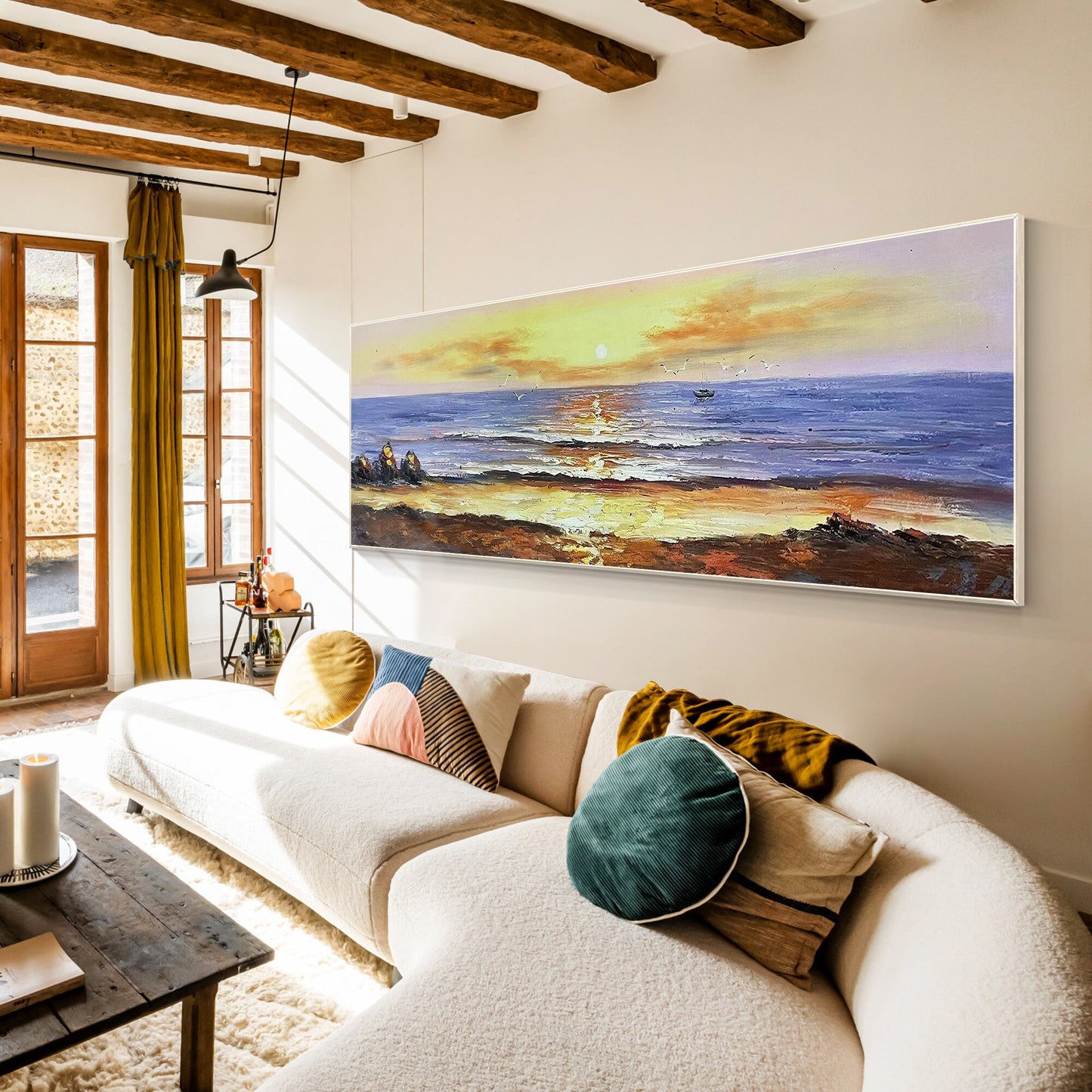 Origineel schilderij zonsopgang zeegezicht: lange horizontale canvas muurkunst #4