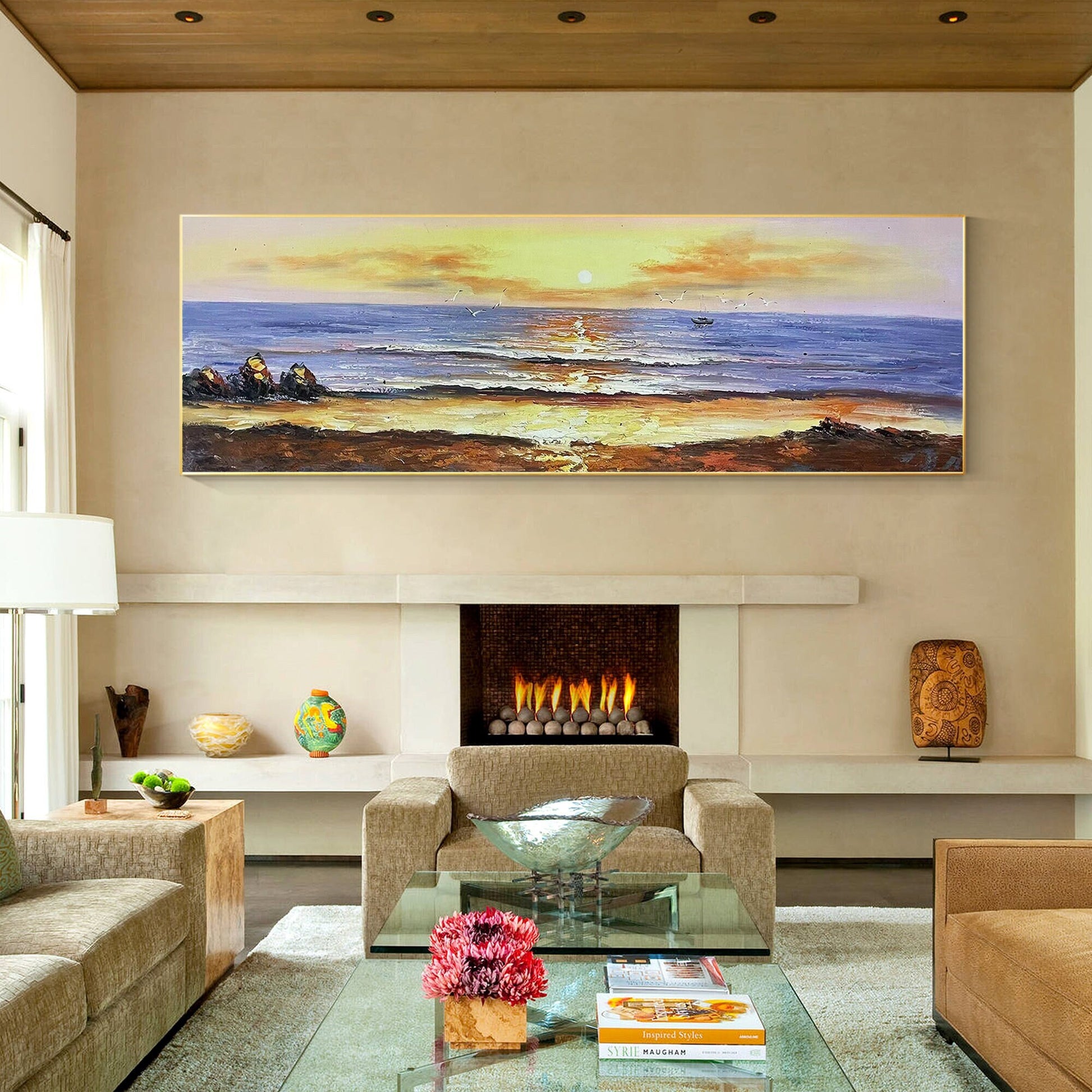 Origineel schilderij zonsopgang zeegezicht: lange horizontale canvas muurkunst #10