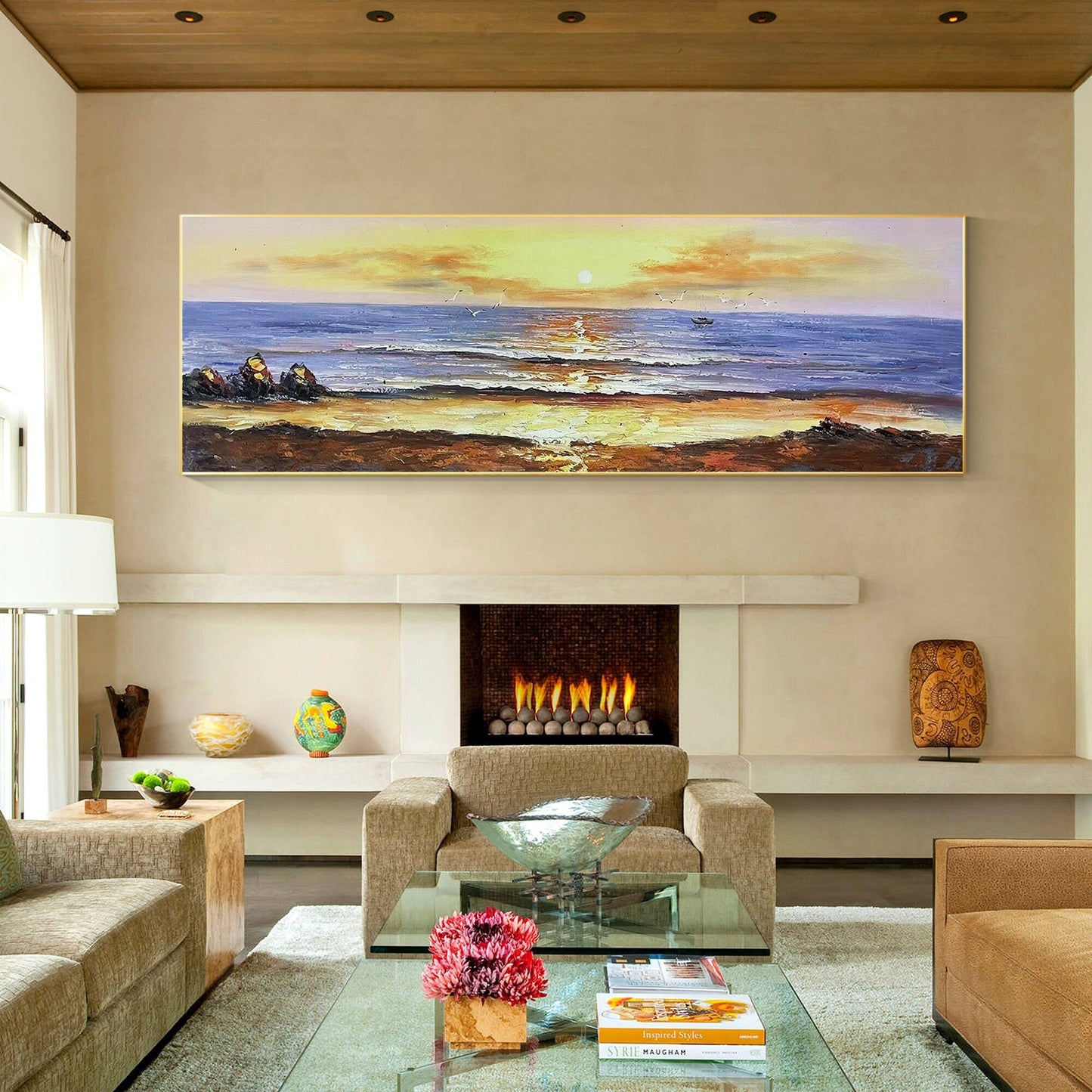 Origineel schilderij zonsopgang zeegezicht: lange horizontale canvas muurkunst #1