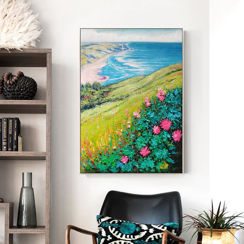 Origineel strand olieverfschilderij bloem zeegezicht oceaan extra grote muur fot #3