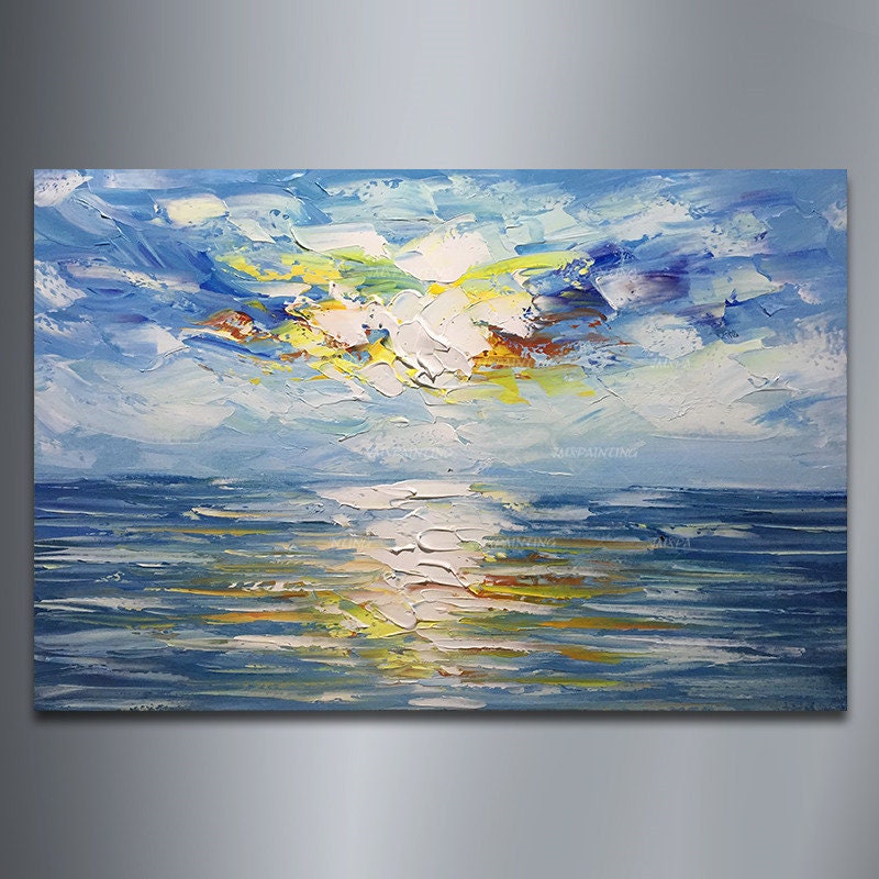 Originele oceaan zee abstract acrylschilderij op canvas zonsopgang zeegezicht pa #11