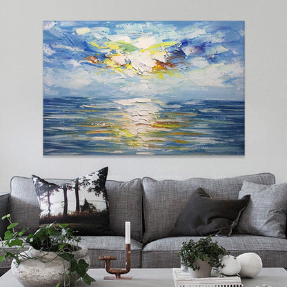 Originele oceaan zee abstract acrylschilderij op canvas zonsopgang zeegezicht pa #13