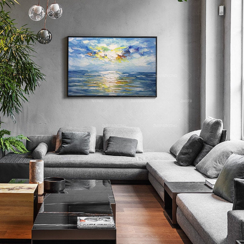 Originele oceaan zee abstract acrylschilderij op canvas zonsopgang zeegezicht pa #16