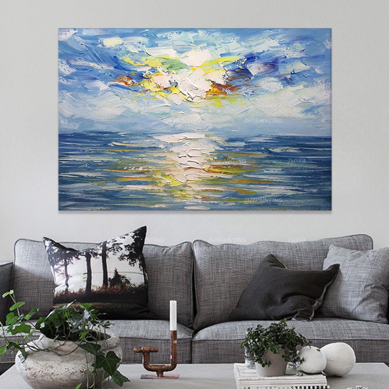 Originele oceaan zee abstract acrylschilderij op canvas zonsopgang zeegezicht pa #3