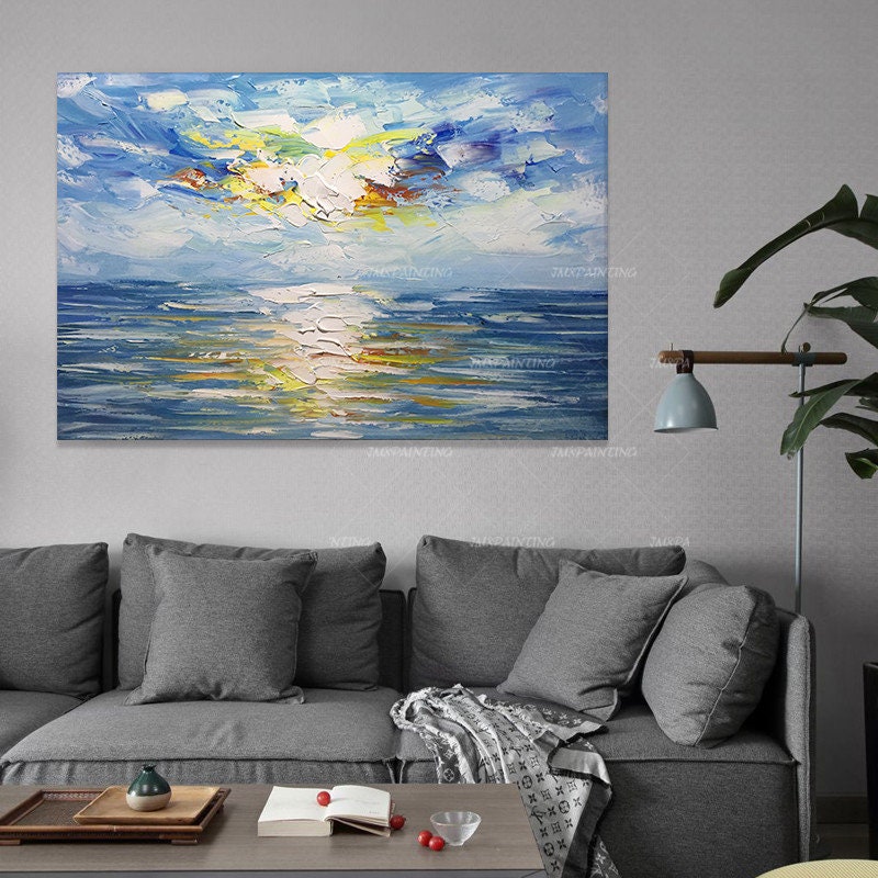 Originele oceaan zee abstract acrylschilderij op canvas zonsopgang zeegezicht pa #4