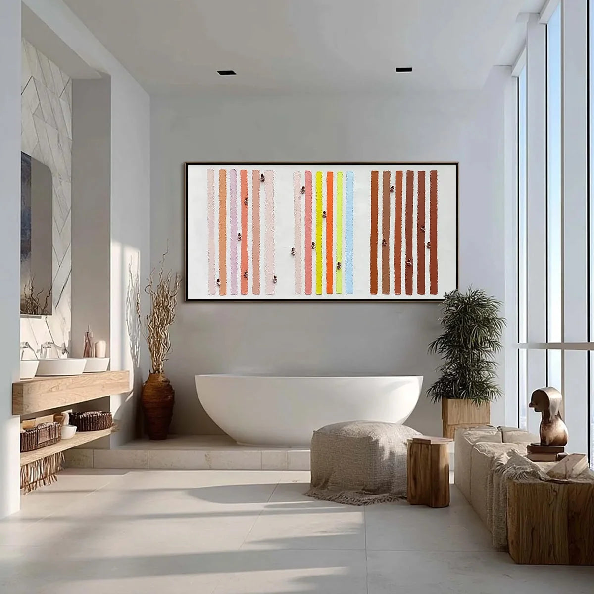 OUR WALKS: Colorful Textured Abstract Painting of Life's Journeys | gold frame stretched on neutral wall
