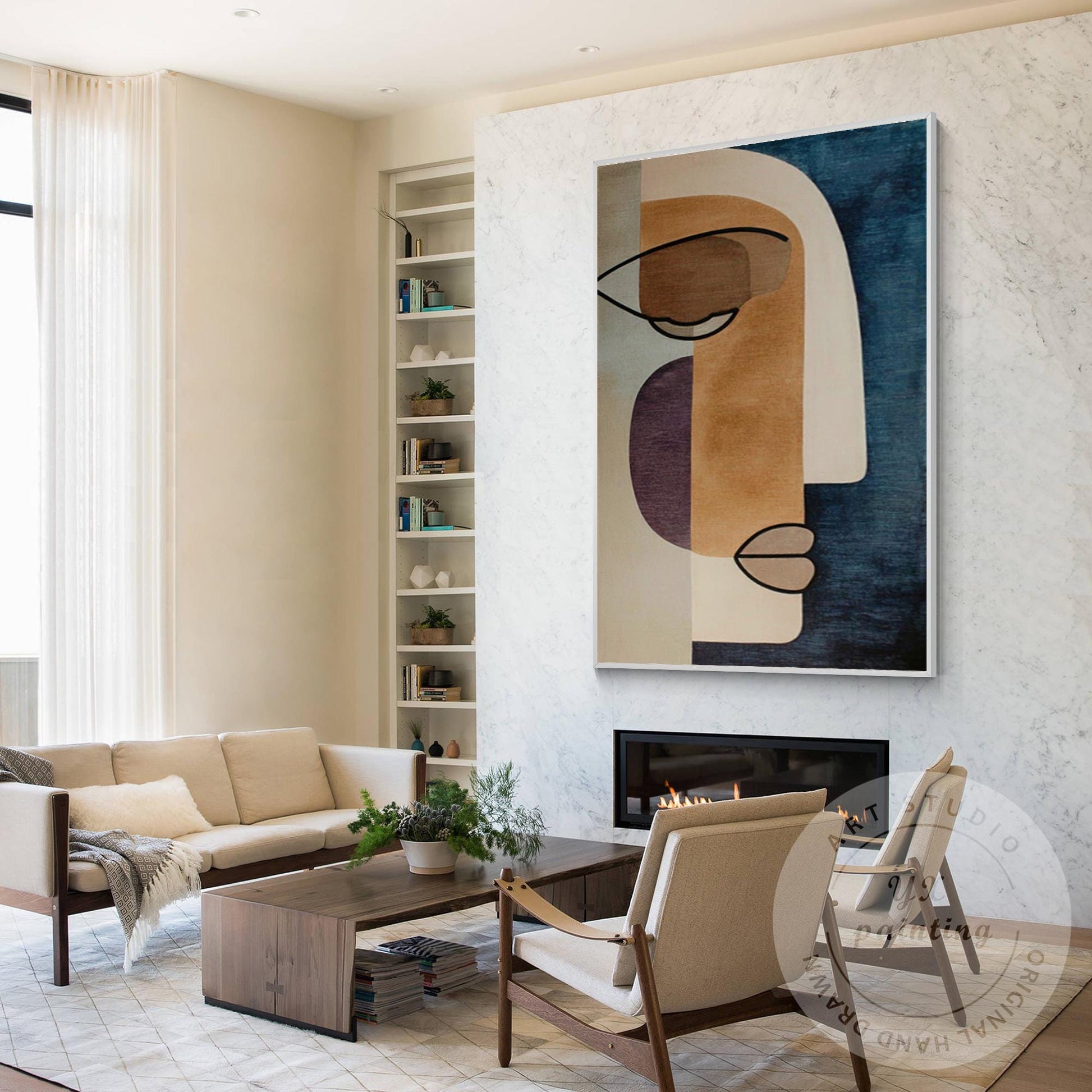 Oversized Abstract Face Wall Art on Canvas, Geometric Minimalist Portrait Painti #3
