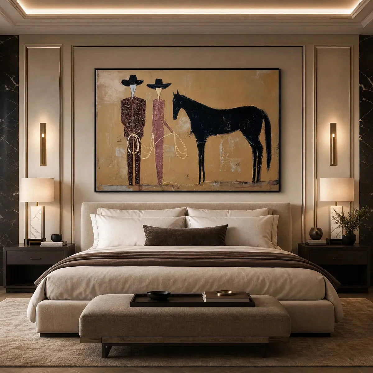 THE PACT: Modern Abstract Western Figurative Oil Painting | gold frame stretched on neutral wall