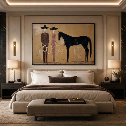 THE PACT: Modern Abstract Western Figurative Oil Painting | gold frame stretched on neutral wall