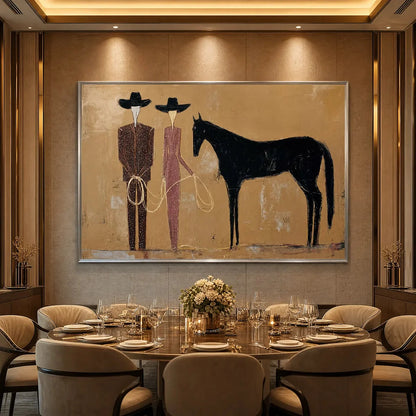 THE PACT: Modern Abstract Western Figurative Oil Painting | black frame version on white wall